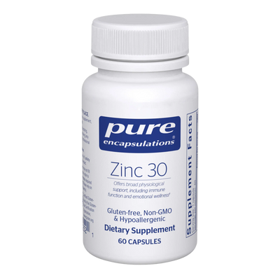 A Supplement container with the name Zinc 30 (60caps) by Pure Encapsulations.