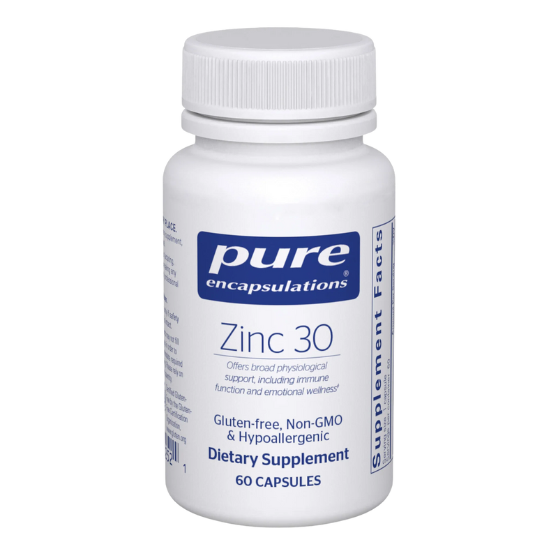 A Supplement container with the name Zinc 30 (60caps) by Pure Encapsulations.