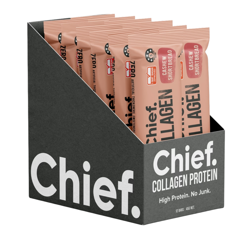 A Box of 12 Supplement bars (Cashew Shortbread) by Chief Nutrition.