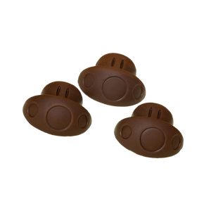 Three brown rubber duck-shaped objects on a white background
