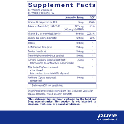 Ingredients: Vitamin B6, B12, Folate, Choline, Inositol, L-Methionine, Taurine, Trimethylglycine, Turmeric, Milk Thistle, Artichoke.