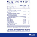 Text listing the ingredients including Alpha Lipoic acid, Thioctic acid, NAC, N-Acetyl-l-Cysteine, Tumeric, Cucuma Longa, Curcumin, Milk Thistle, Silybum marianum, Broccoli, Brassica oleracea, Artichoke, Cynara scolymus, Taurine, Glycine, L-Glutamine, L-Methionine, Chlorella