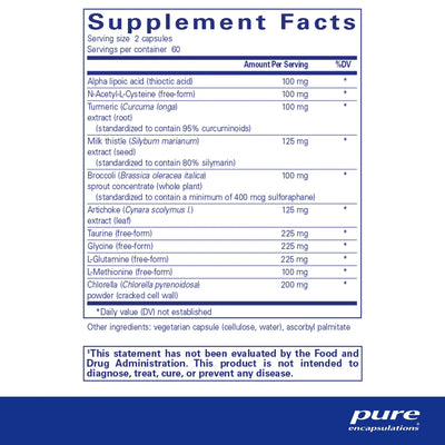 Text listing the ingredients including Alpha Lipoic acid, Thioctic acid, NAC, N-Acetyl-l-Cysteine, Tumeric, Cucuma Longa, Curcumin, Milk Thistle, Silybum marianum, Broccoli, Brassica oleracea, Artichoke, Cynara scolymus, Taurine, Glycine, L-Glutamine, L-Methionine, Chlorella