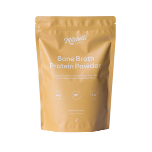 A Supplement pouch with the name Bone Broth Protein Powder (Salted Caramel) by Mitchell's Nutrition. 