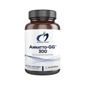 A supplement bottle showing the label of Annatto- GG 300 Geranylgeraniol by Designs for Health, 60 foftgels capsules for professional use only