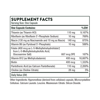 Ingredients including Thiamin, Thiamin HCI, Riboflavin, Riboflavin 5-phosphate sodium, Niacin, Niacinamide, Niacin, Vitamin B6, P5P, Pyridoxal 5 Phosphate, Folate, Methyltetrahydrofolate, Glucosamine Salt, Vitamin B12, Methylcobalamin, Biotin, Pantothenic Acid, Calcium Pantothenate, Choline citrate.