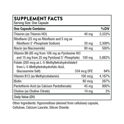 Ingredients including Thiamin, Thiamin HCI, Riboflavin, 5-phosphate Sodium, Niacin, Niacinamide, Vitamin B6, P5P, Pyridoxine HCI, Pyridoxal 5-Phospate, Folate, Methyltetrahydrofolate, L-5-Methytetrahydrofolic acid, Glucosamine Salt, Vitamin B12, Methylcobalamin, Biotin, Pantothenic acid, Calcium Patothenate, Choline Citrate.