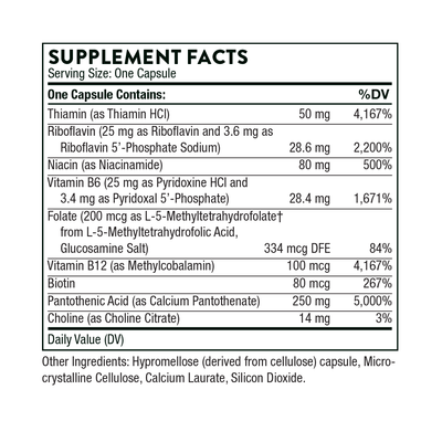 Ingredients including Thiamin HCI, Riboflavin 5 Phosphate, Niacin, Niacinamide, Vitamin B6, Pyridoxine HCI, Pyridoxal 5 Phosphate, Folate, L5mthfr, Vitamin B12, Methylcobalamin, Biotin, Pantothenic acid, Calcium Pantothenate,  Choline Citrate.