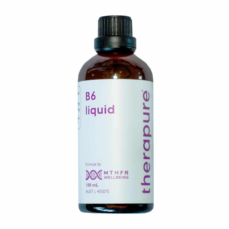 A supplement bottle with the name Liquid B6 by Therapure (MHFR)