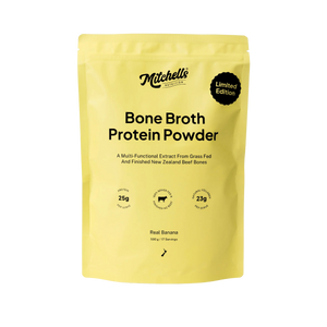 A Supplement pouch with the name Bone Broth Protein Powder (Real Banana) by Mitchell's Nutrition. 