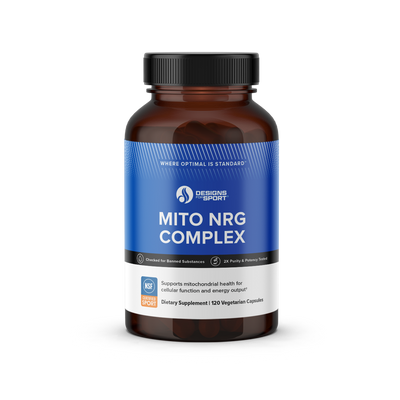 A Supplement container with the name Mito NRG Complex by Designs for Sport.