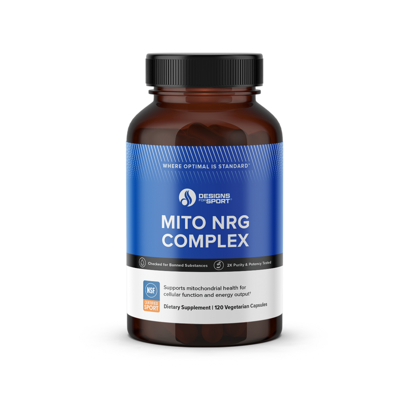 A Supplement container with the name Mito NRG Complex by Designs for Sport.