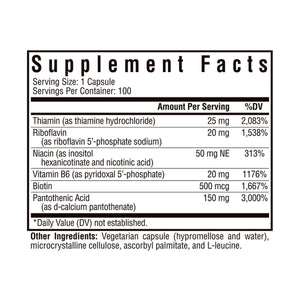 Ingredients including Thiamine hydrochloride, Riboflavin 5 phosphate sodium, Niacin, Inositol hexanicotinate, Nicotinic acid, Vitamin B6, P5P, Pyridoxal 5 phosphate, Biotin, Pantothenic acid, d-calcium pantothenate.