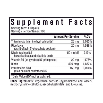 Ingredients including Thiamine hydrochloride, Riboflavin 5 phosphate sodium, Niacin, Inositol hexanicotinate, Nicotinic acid, Vitamin B6, P5P, Pyridoxal 5 phosphate, Biotin, Pantothenic acid, d-calcium pantothenate.
