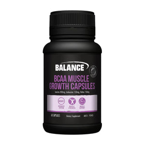 A Supplement container with the name BCAA Muscle Growth Capsules by Balance.
