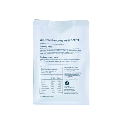 Ingredients: Coffee (93.33%), Pekepeke-Kiore Mushroom Extract (Hericium Novae-Zealandiae) (6.67%)