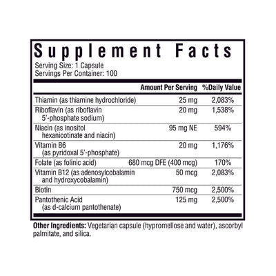 Ingredients including Thiamin, thiamine hydrochloride, Riboflavin 5 phosphate sodium, Niacin, inositol hexanicotinate, Niacin, Vitamin B6, P5P, Pyridoxal  phosphate, Folate, Folinic acid, Vitamin B12, Adenosylcobalamin, Hydroxycobalamin, Biotin, Pantithenic acid, D-calcium pantothenate.