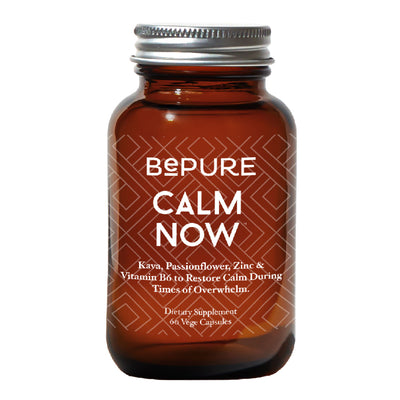 An image of a brown bottle with the title be pure calm now kava, passionflower, zinc and vitamin B6 to restore calm during times of over whelm. Dietary supplement 60 vege capsules 