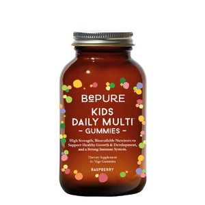 A Supplement container with the name Kids Daily Multi by BePure.