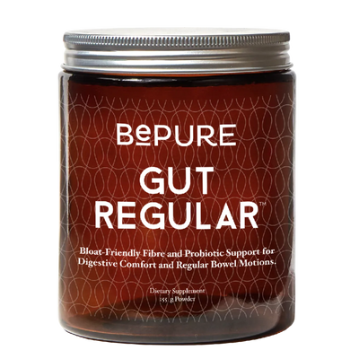 Image of a brown bottle with the title be pure gut regular. Bloat friendly fibre and probiotic support for digestive comfort and regular bowel motions 