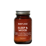 Image of a brown bottle that says bepure sleep and mood high strength magnesium and saffron extract to support sleep, mood and relaxation. Vege capsules 