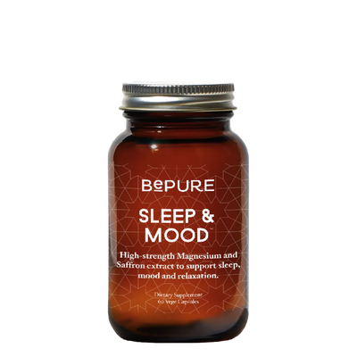 Image of a brown bottle that says bepure sleep and mood high strength magnesium and saffron extract to support sleep, mood and relaxation. Vege capsules 