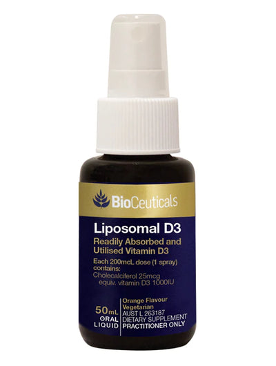 BioCeuticals Liposomal D3 amber glass spray bottle. 50ml of 1,000iu vitamin d.