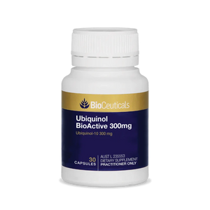 A Supplement container with the name Ubiquinol BioActive 300mg by BioCeuticals.