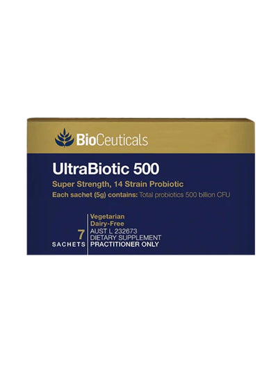 BioCeuticals UltraBiotic 500 7 x 5g sachets. 14 probiotic strains at 500 billion CFU. Blue and gold labeled box pictured.
