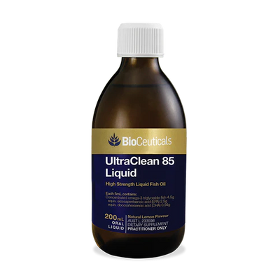BioCeuticals UltraClean 85 Liquid 200ml oral liquid. Glass amber bottle with blue and gold label.