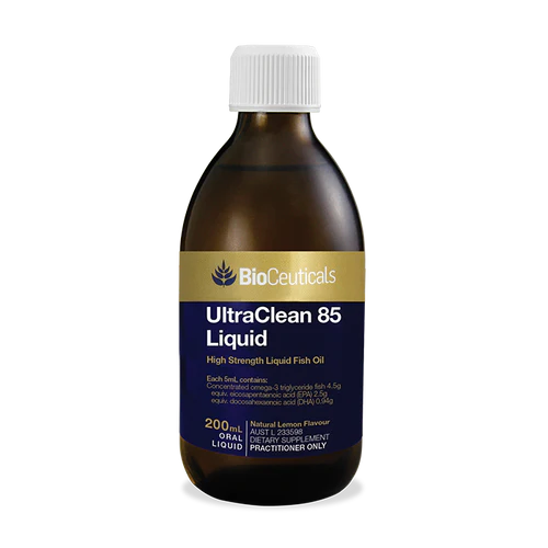 BioCeuticals UltraClean 85 Liquid 200ml oral liquid. Glass amber bottle with blue and gold label.
