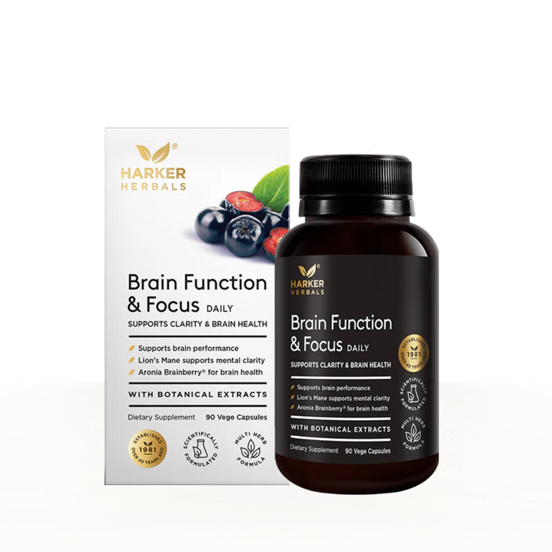 Image of a white supplement box package which says harker herbals brain function and focus daily supports clarity and brain health supports brain performance lions mane supports mental clarity aronia brainberry for brain health with botanical xtracts dietary supplement 90 vege capsules 