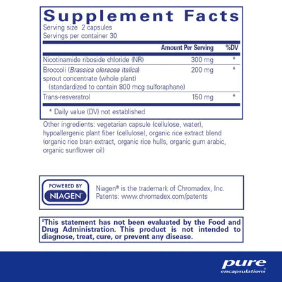 Ingredients: Nicotinamide riboside chloride NR), Broccoli Sprout concentrate, Trans-resveratrol.
