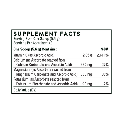 Ingredients including Vitamin C, Ascorbic acid, Calcium Ascorbate, Calcium Carbonate, Magnesium carbonate, Potassium Bicarbonate.