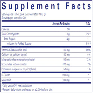 Text describing the Ingredient: Vitamin C, Calcium, Magnesium,  Sodium, Potassium, D-Ribose, Malic acid.