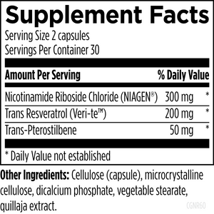 Text describing the ingredients: Nicotinamide Riboside Chloride, Trans Resveratrol, Trans- Pterostilbene, celulose (capsule), microcrystalline cellulose, dicalcium phosphate, vegtable sterate, quillaja extract