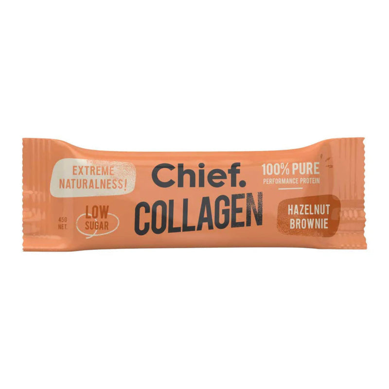 A Single Chief Collagen bar (Hazelnut brownie 45g) by Chief Nutrition.