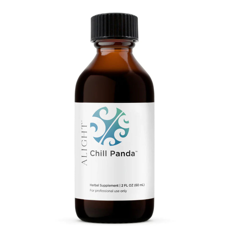 Image of a white supplement bottle that says alright chill panda herbal supplement 2FL OZ (60mL) For professional use only 