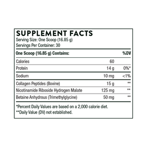 Ingredients containing Collagen Peptides, Bovine, Nicotinamide Riboside Hydrogen Malate, Betaine Anhydrous, TMG