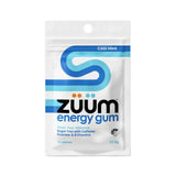 A white supplement packet which says Cool Mint ZUUM energy gum Clean fast effective sugar free with Caffeine Guarana &  Vitamins 10 pieces 23.5g 