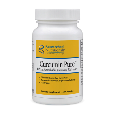 A Supplement container with the name Curcumin Pure by Researched Nutritionals.