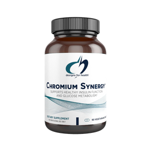 Image of a white supplement bottle that says designs for health chromium synergy supports healthy insulin function and glucose metabolism dietary suppelment 90 vege capsules 