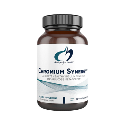 Image of a white supplement bottle that says designs for health chromium synergy supports healthy insulin function and glucose metabolism dietary suppelment 90 vege capsules 