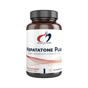 Supplement bottle labeled 'Hepatatone Plus' by Designs for Health on a white background