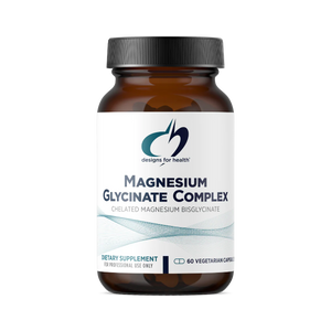 A Supplement container with the name Magnesium Glycinate Complex (60 Caps)by Designs for Health.