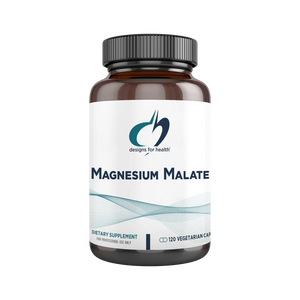 Image of a white supplement bottle that says designs for health magnesium malate dietary supplement 120 vegetarian capsules 