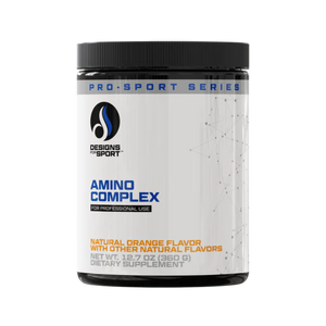 A Supplement conainer with the name Amino Complex by Designs for Sport.