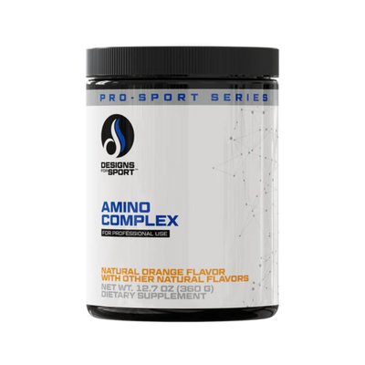 A Supplement conainer with the name Amino Complex by Designs for Sport.