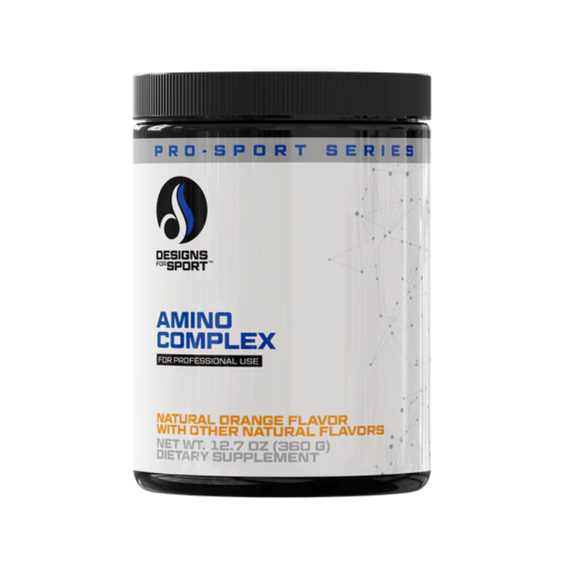 A Supplement conainer with the name Amino Complex by Designs for Sport.