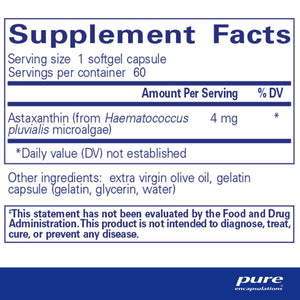 Ingredients: Astaxanthin (from Haematococcus pluvialis microalgae) 4mg 